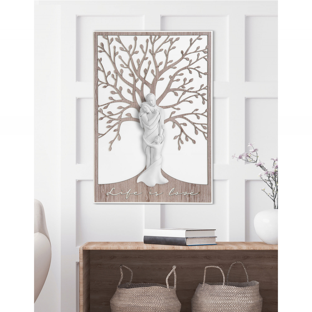 Quadro moderno in legno piccolo con albero della vita e la famiglia  abbracciata