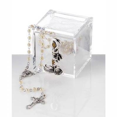 Scatolina in plex con candela battesimo e rosario bomboniera nascita 