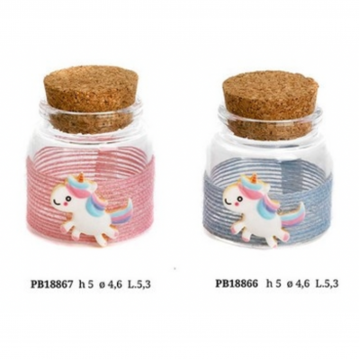 BARATTOLO VETRO CONFETTI UNICORNO 5 CM. CELESTE