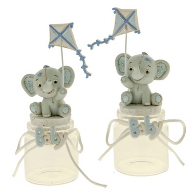 BARATTOLO IN VETRO CON ELEFANTINO IN CERAMICA E AQUILONE 14 CM CELESTE