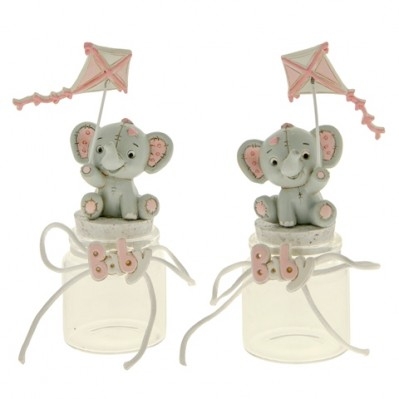 BARATTOLO IN VETRO CON ELEFANTINO IN CERAMICA E AQUILONE 14 CM ROSA