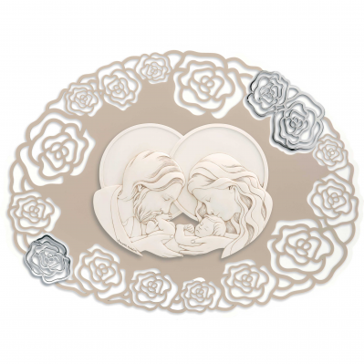 Capezzale con sacra famiglia colorato in stile moderno con rose in argento