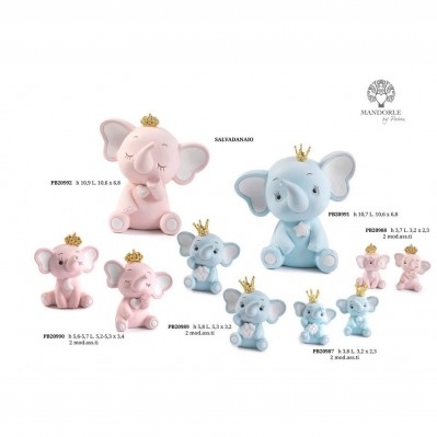 ELEFANTINO SEDUTO CELESTE CON CORONA ORO 3.8 CM. RESINA
