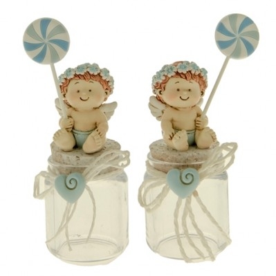 BARATTOLO IN VETRO CON ANGIOLETTO IN CERAMICA CON GIRANDOLA 12 CM CELESTE