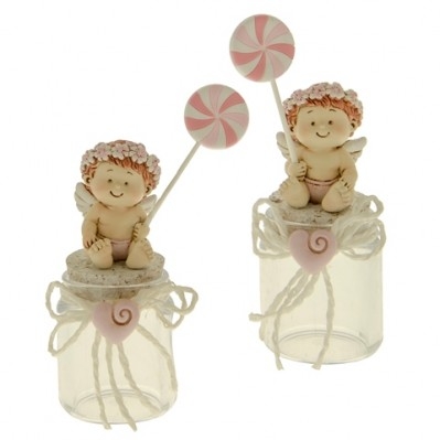 BARATTOLO IN VETRO CON ANGIOLETTO IN CERAMICA CON GIRANDOLA 12 CM ROSA