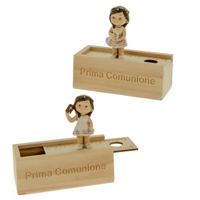 SCATOLA IN LEGNO CON BAMBINA COMUNIONE CM 11