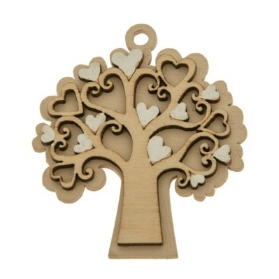 DECORAZIONE IN LEGNO CON ALBERO DELLA VITA CON CUORI 5 CM