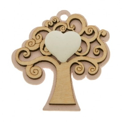 DECORAZIONE IN LEGNO CON ALBERO DELLA VITA CON CUORI 5 CM