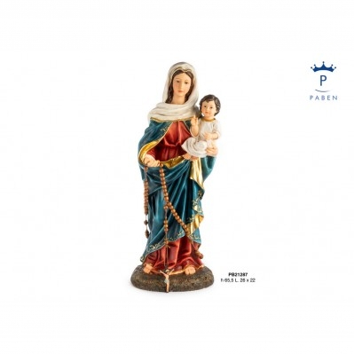 MADONNA CON BAMBINO E ROSARIO 65.5 CM. RESINA