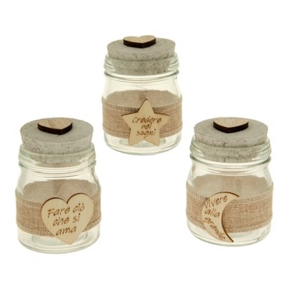 BARATTOLO IN VETRO CON SIMBOLI ASSORTITI IN LEGNO 6 CM