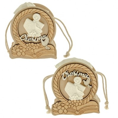 SACCHETTO PORTA CONFETTI CON DECORAZIONE IN LEGNO E SIMBOLO CRESIMA IN GESSO 8 CM