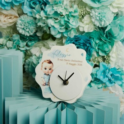 Orologio Battesimo bimbo Claraluna: la bomboniera personalizzabile ed elegante cm.14x13x1 - celeste