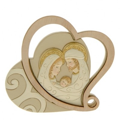 IMMAGINE IN CERAMICA CON CUORE IN LEGNO SACRA FAMIGLIA 8 CM
