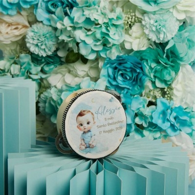 Bomboniera battesimo Claraluna: Tamburello personalizzabile collezione 2026 cm. 10,2x40,2 - celeste