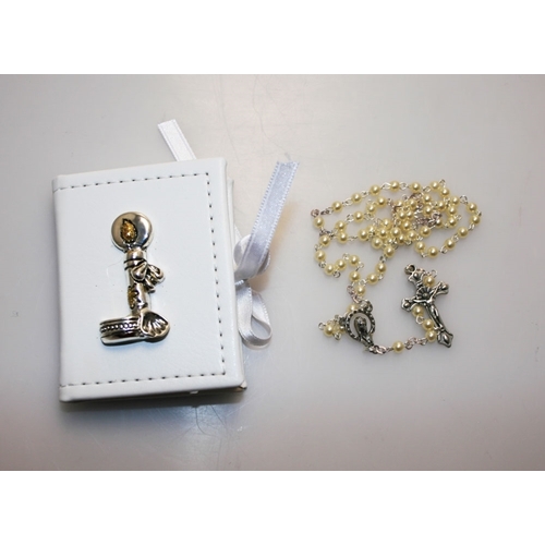 Portarosario con applicazioni in argento e rosario in perle - Battesimo