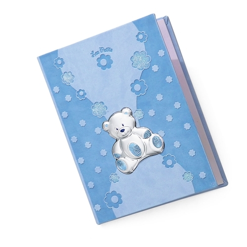 Diario neonato con orsetto di peluche e margheritine in azzurro - 15x21cm
