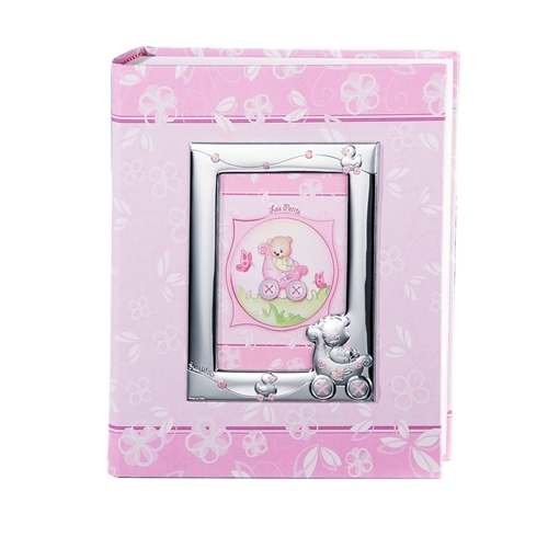 Album portafoto con cornice (9x13cm) con orso in carrozzina e paperelle in rosa- 20x25cm