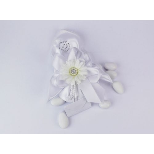 Sacchetto portaconfetti in seta fiore bianco con strass cuore Gioia