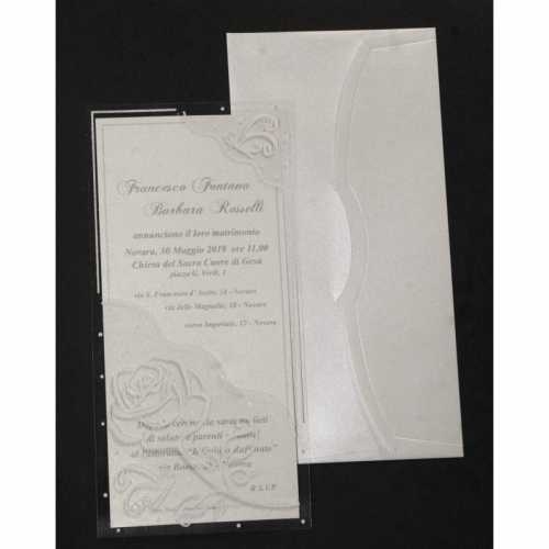 Partecipazione in PVC trasparente con decori serigrafici, cartoncino interno carta seta bianco opaco