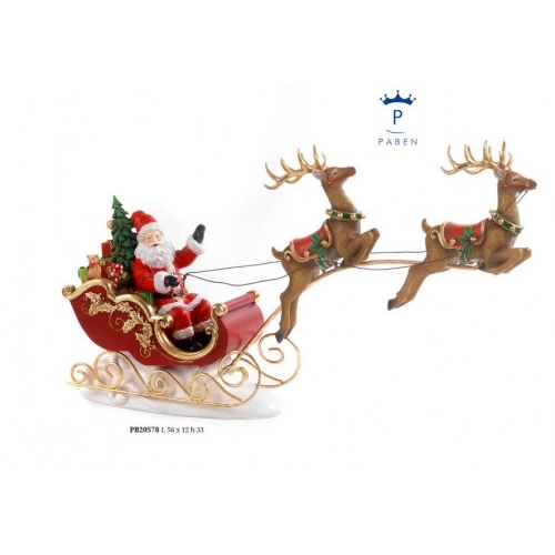 BABBO NATALE SU SLITTA TRAINATA DA RENNE 56 CM. RESINA