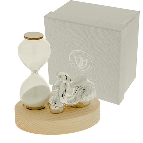 CLESSIDRA IN VETRO CON BASE IN LEGNO CON VESPINA ARGENTO CM.9 