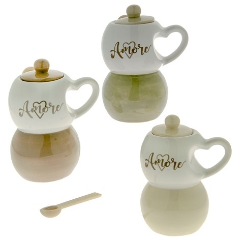 BOMBONIERA MOKA IN CERAMICA AMORE CON CUCCHIAINO E CUORE CM 10,5 