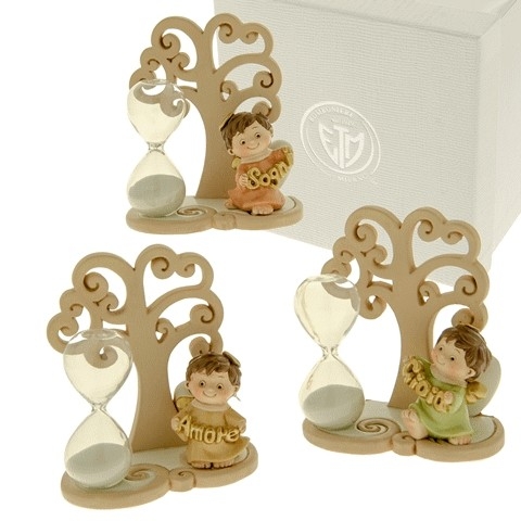 CLESSIDRA CON ALBERO DELLA VITA E ANGIOLETTO IN CERAMICA CONF. ASSORTITE 11 CM