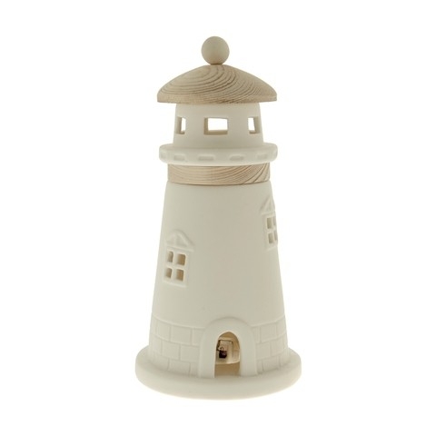 BOMBONIERA FARO LUCE LED IN CERAMICA CON INSERTI IN LEGNO CM 27 