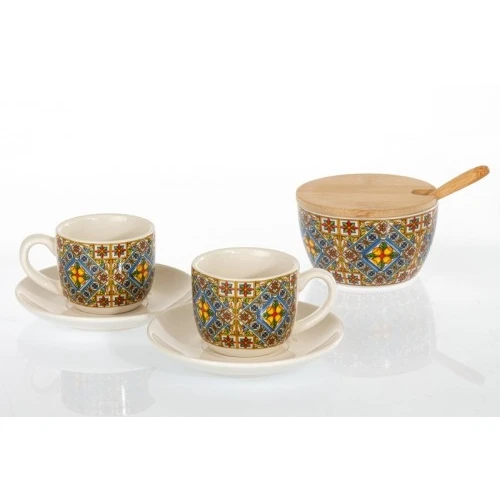 Bomboniera Solidale Cuorematto: Set 2 Tazzine Caffè e Zuccheriera Stile Maiolica decoro Mediterraneo