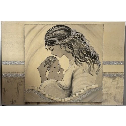 Madonna con bambino olio su tela e glitter argento