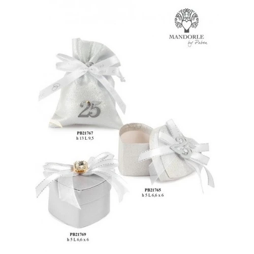 Scatolina Cuore Argento Nozze d'Argento con Simbolo 25 – Completa di Confetti