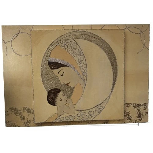 Madonna con bambino olio su tela e glitter argento