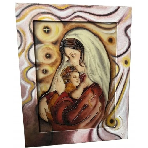 Madonna con bambino lavorazione vetro scavato e decorato con cornice in tinta