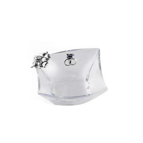 Centrino in cristallo con coccinelle, quadrifoglio e fedi nozze d'argento bomboniera matrimonio