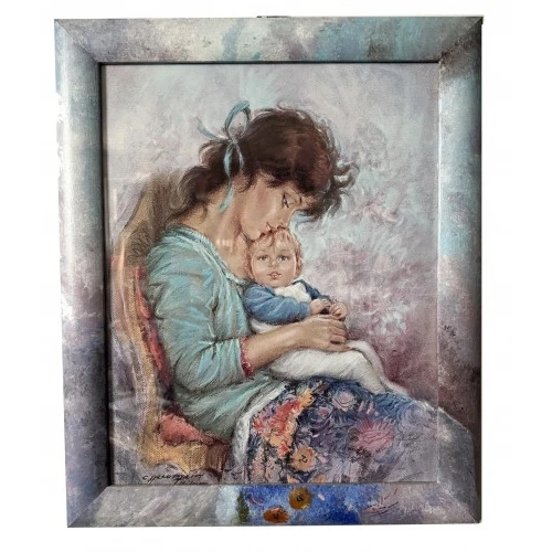 Maternità olio su tela con cornice decorata in tinta