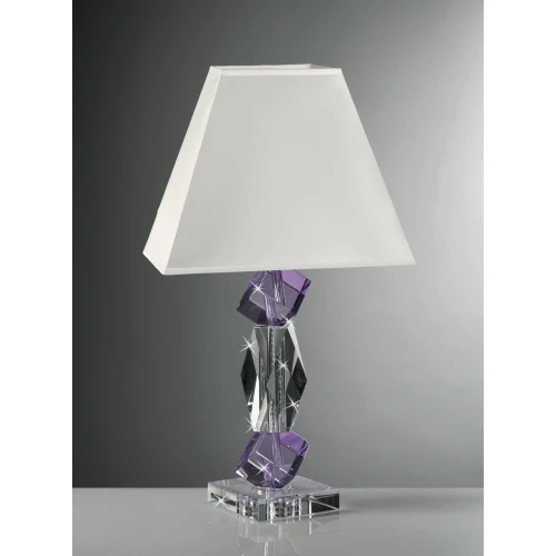 Lampada in Cristallo Ranoldi con Cubi Viola e Paralume in Cotone Bianco