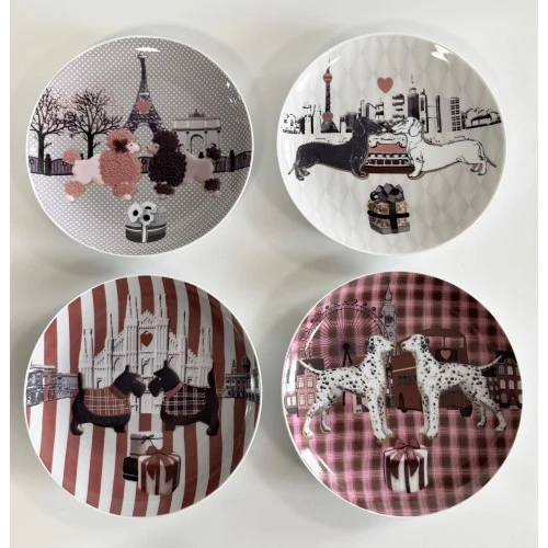 Set 4 piattini dolce Henriette in porcellana decoro cagnolini