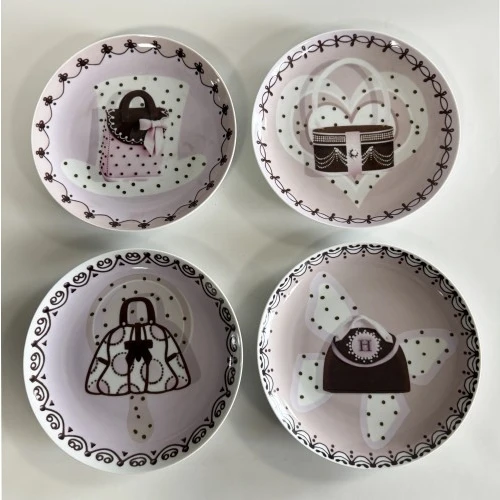 Set 4 piattini dolce Henriette in porcellana decoro borsette