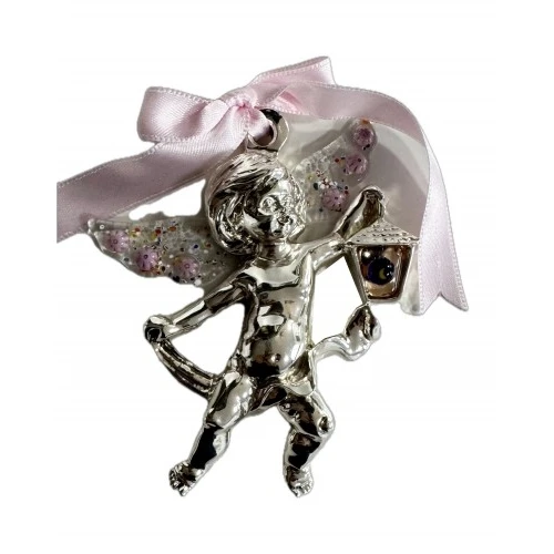 Angelo con ali in murrine rosa rivestito in argento cm.12x9 - Offerta Bomboniere