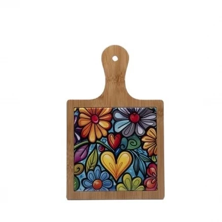 Tagliere in Legno e Porcellana Cuorematto Fiore24 - Bomboniera Matrimonio Solidale e Utile cm.18x28