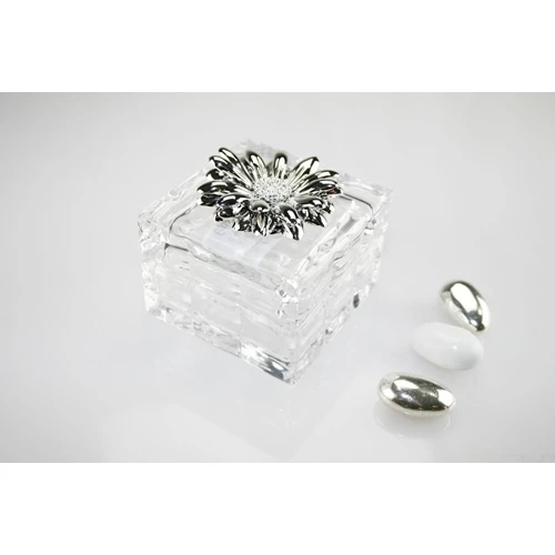 Cofanetto quadrato in cristallo con margherita in argento