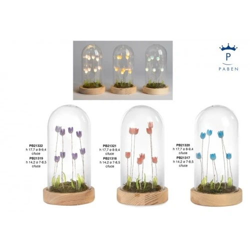 AIUOLA TULIPANI ILLUM. CEL. 17.7 CM. CAMPANA VETRO B. LEGNO