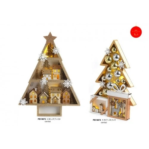 ALBERO NATALE CON CASETTE E ALBERI DEC. 38 CM. LEGNO LUCE