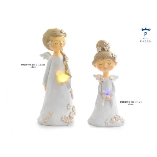 ANGELO CON FIORI E UCCELLINO 28.6 CM. RESINA LUCI