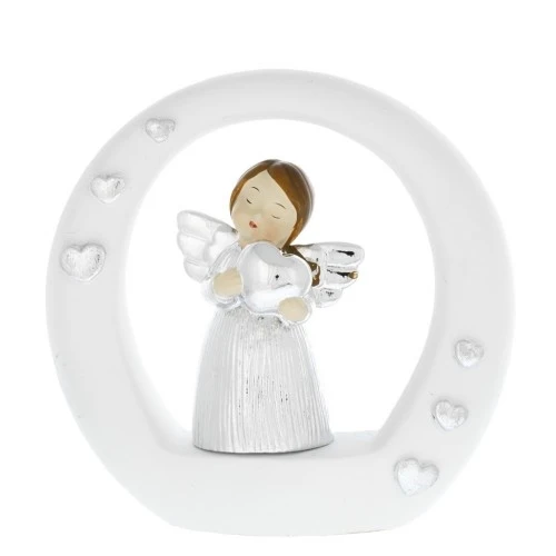 ANGIOLETTO SU CERCHIO STILIZZATO BIANCO - CON CUORE CM.8