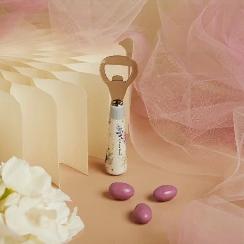 Bomboniera Matrimonio: Apribottiglie in Ceramica con Decoro Floreale cm.13,5 azzurro