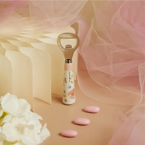 Bomboniera Matrimonio Claraluna: Apribottiglie in Ceramica con Decoro Floreale cm.13,5 rosa