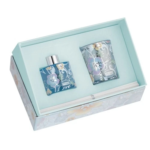 ASTUCCIO CON 50ml + STICKS + CANDELA 70gr - fiori azzurro Cannel