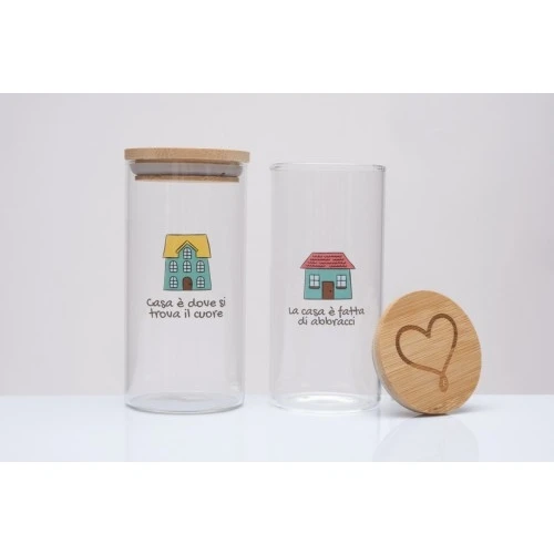 Barattolo Cucina Vetro Borosilicato Casetta Cuorematto - Bomboniera Matrimonio Solidale Utile cm.6x h.12