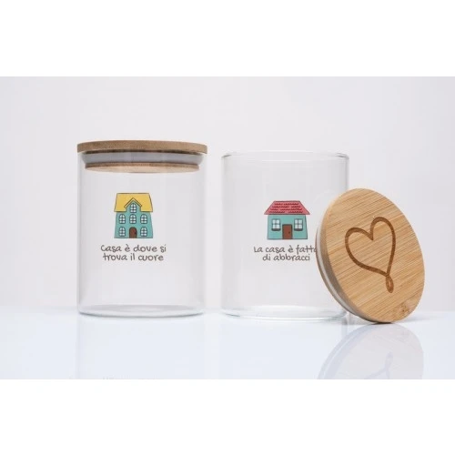 Barattolo Cucina Vetro Borosilicato Casetta Cuorematto - Bomboniera Matrimonio Solidale Utile cm.8x h.10